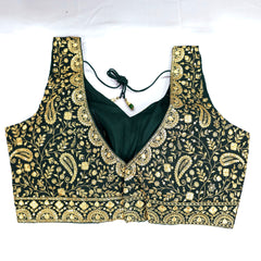 Embroidered Dark Green Blouse with Attached Sleeves and Curvy V Neckline