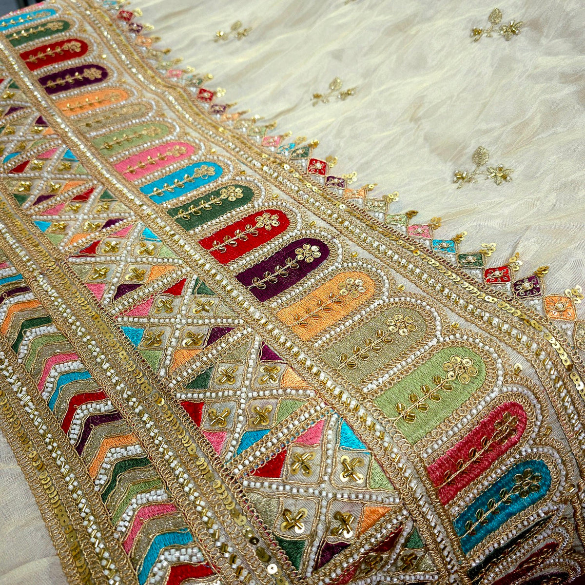 Nazm Hand Embroidered Dyeable Shimmer Tissue with Embroidered Multicolor Border