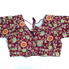 Embroidered Wine Blouse with Half Sleeves and V Neckline