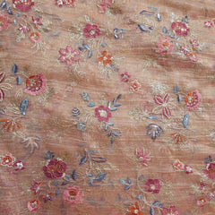 Embroidered Peach Color Crush Organza Fabric with Multi-color Intricate Floralwork