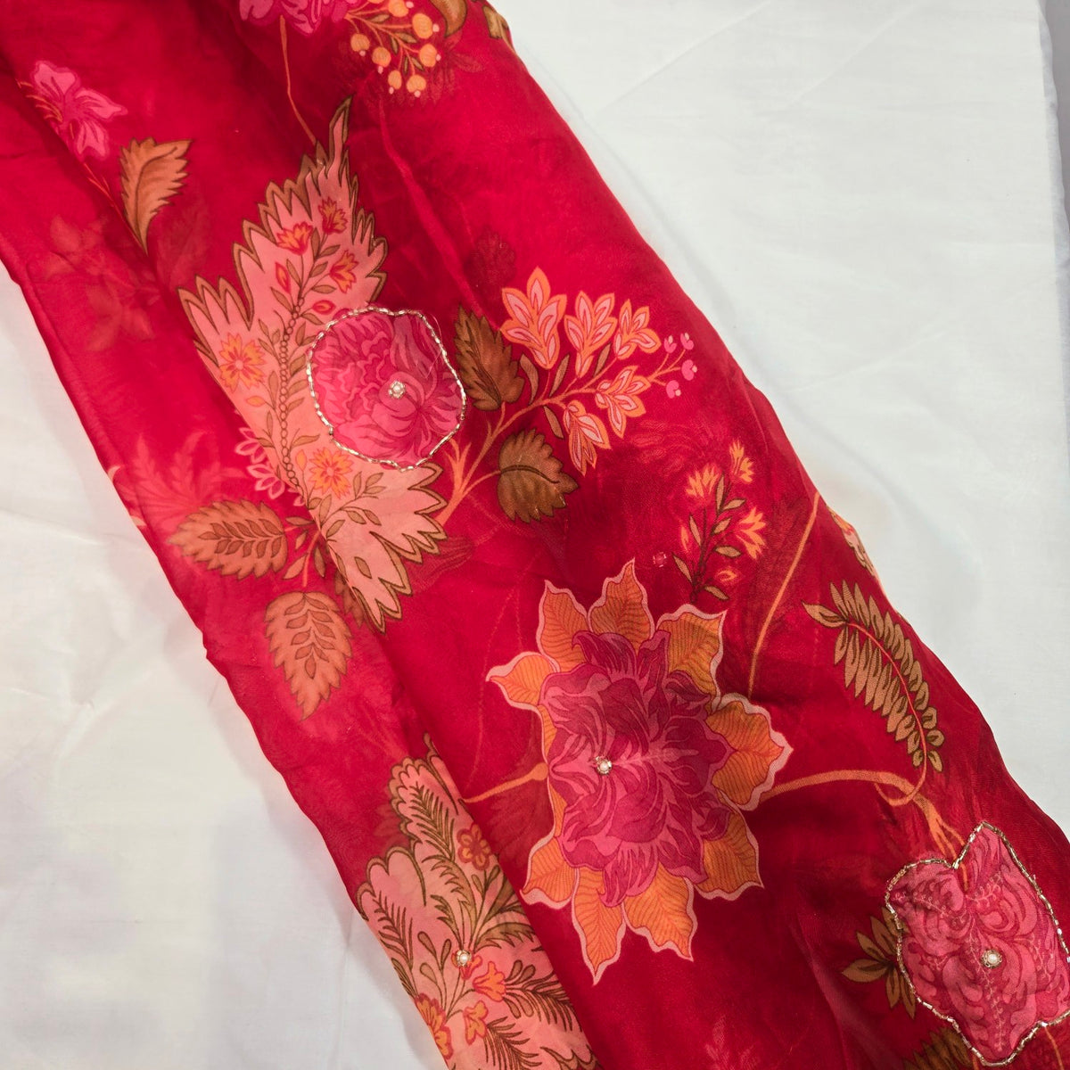 Multi-color Floral Digital Print on Red Organza Fabric with Handwork