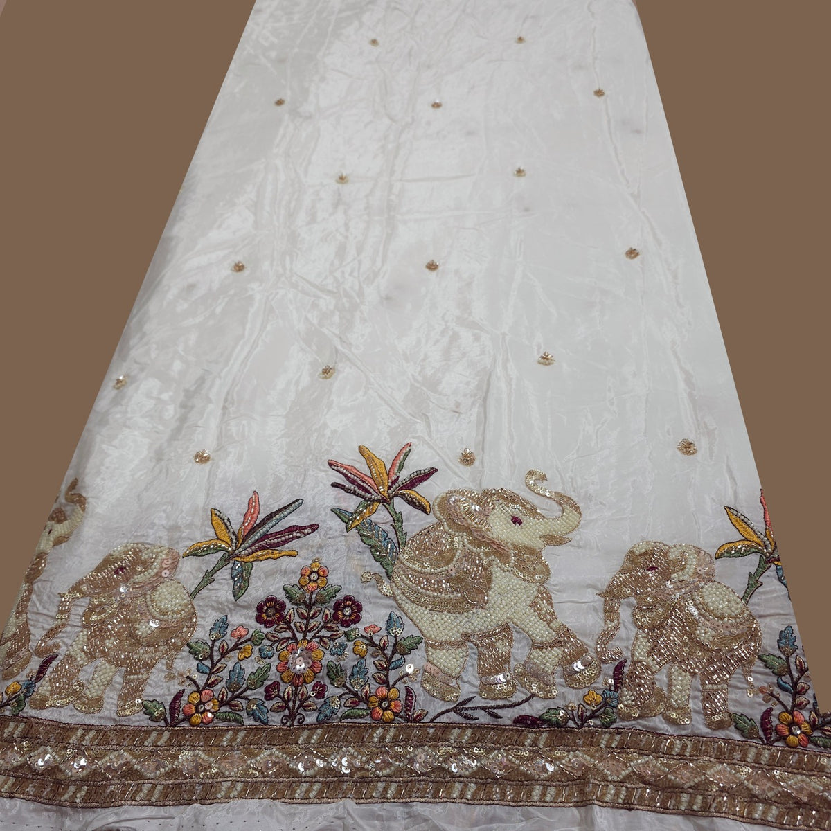 DYEABLE Crepe Fabric with Sequin, cutdana and zari work with Multi-color Elephant Border
