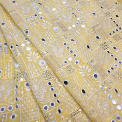 Yellow Georgette Fabric with Intricate White Resam Embroidery and Mirrorwork