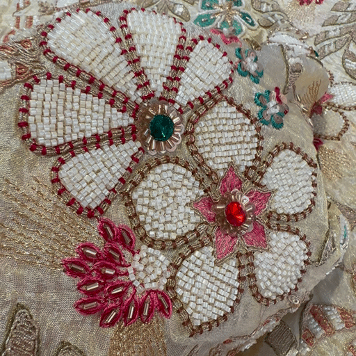 Embroidered Dyeable shimmer Tissue Fabric with White Cutdana & Multi-color Threadwork with Red & Green Kundan work