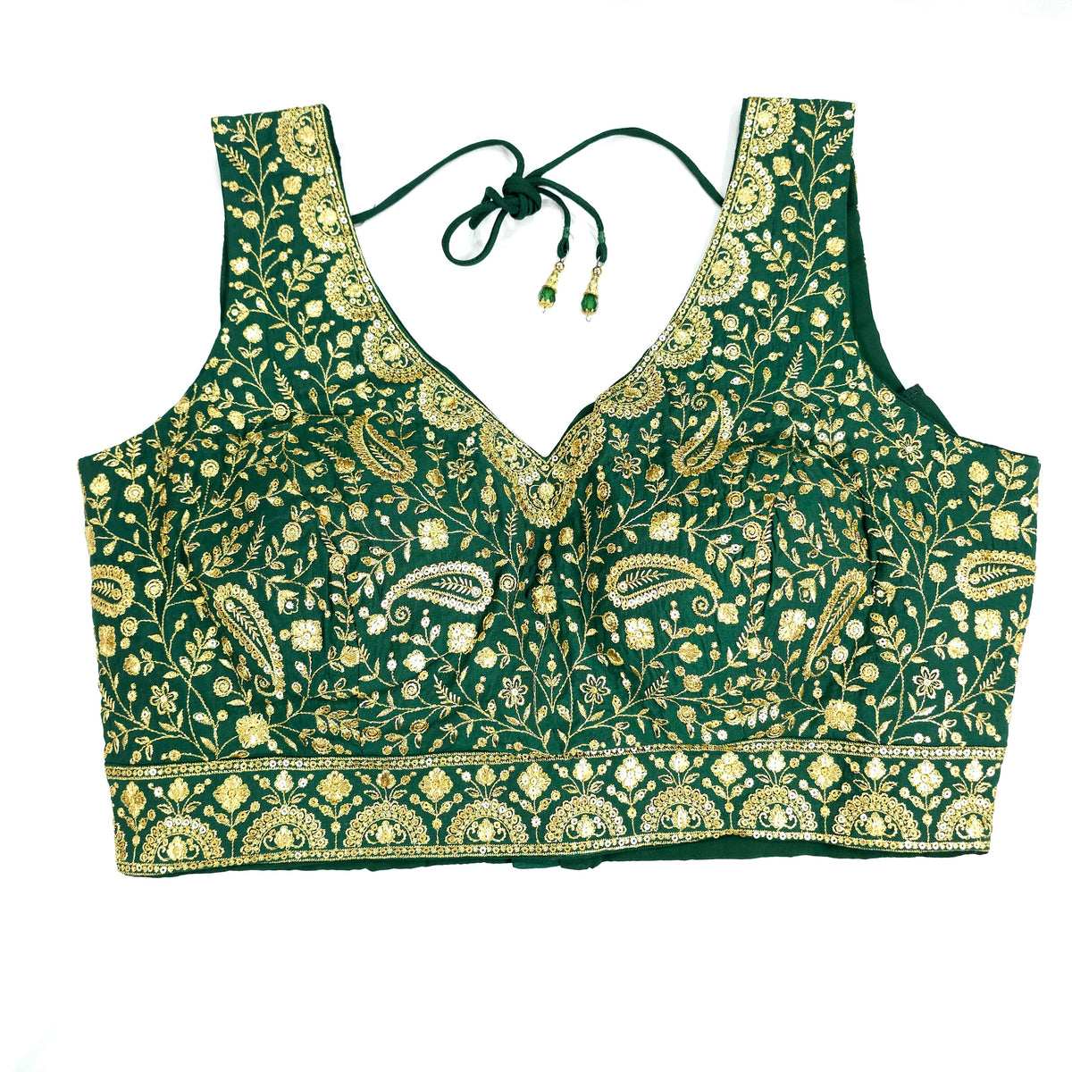 Embroidered Green Silk Blouse with Attached Sleeves and Curvy V Neckline