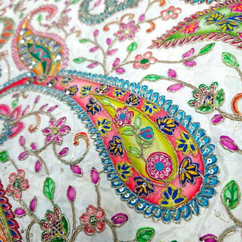 White Crepe Base Fabric with Multicolor Embroidery & Zari, Sequin work