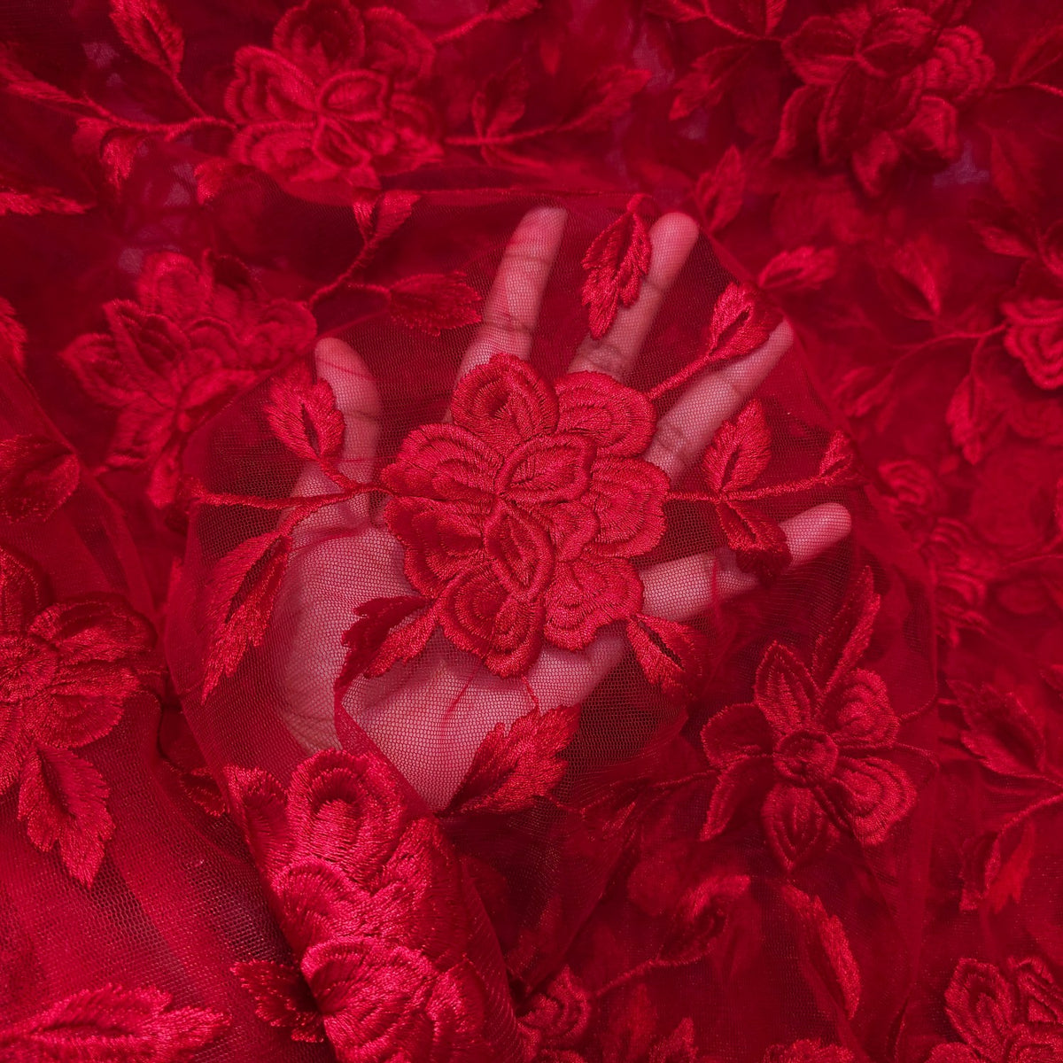 Embroidered Red Net Fabric with all over Floral Pattern