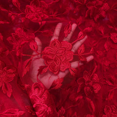 Embroidered Red Net Fabric with all over Floral Pattern