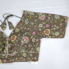 Embroidered Mehendi Green Blouse with Half Sleeves and V Neckline