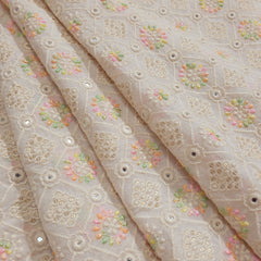 Pastel Color Embroidered Off-White Dyeable Georgette Fabric in Geometric Pattern with Mirror Highlights