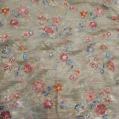 Embroidered Grey Color Crush Organza Fabric with Multi-color Intricate Floral patterns