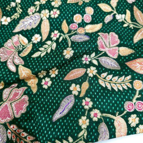 Embroidered Dark Green Silk Brocade Blouse with Curvy V Neckline