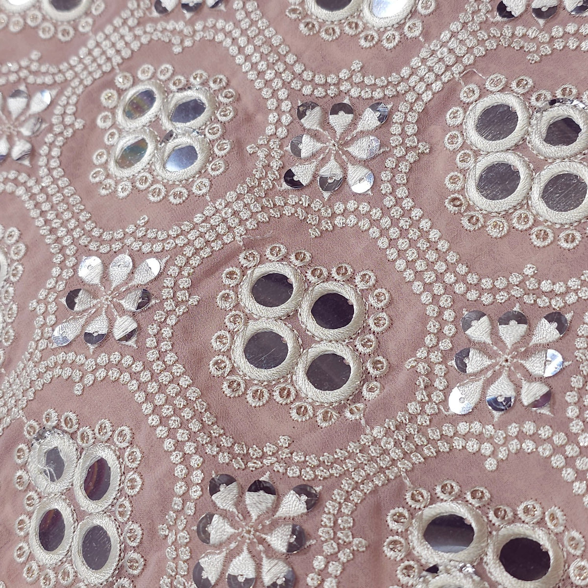 Peach Georgette Fabric with Intricate White Resam Embroidery and Mirrorwork
