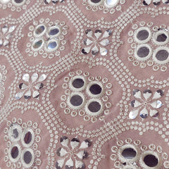 Peach Georgette Fabric with Intricate White Resam Embroidery and Mirrorwork