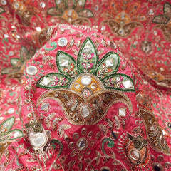 Dark Coral Color Crepe Fabric with Multicolor Embroidery & Mirror Highlights