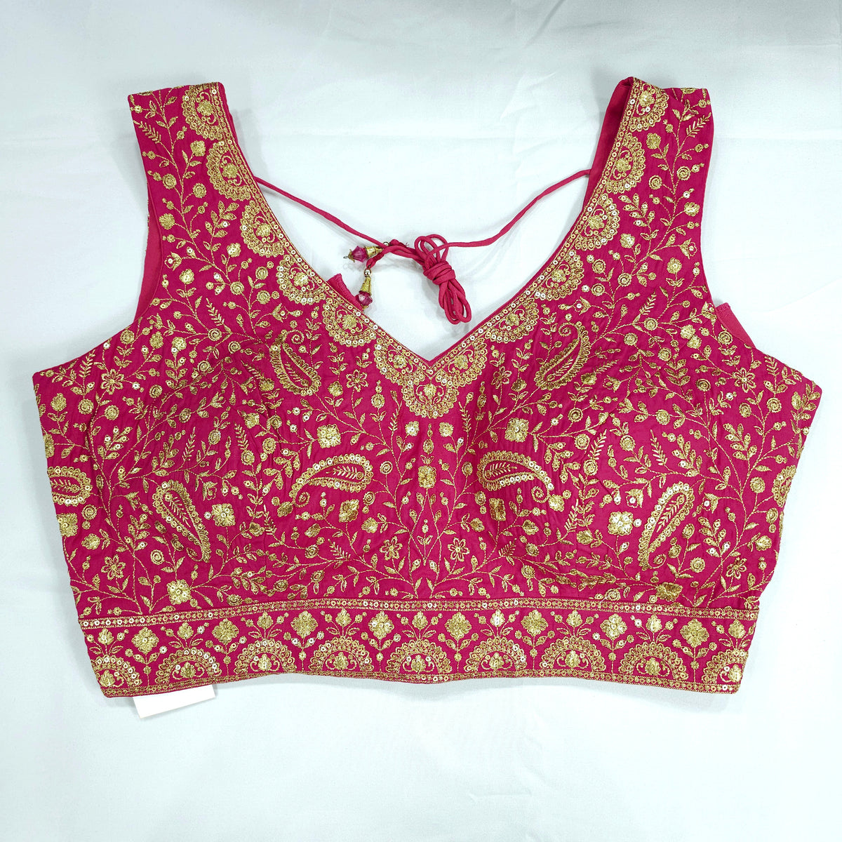 Embroidered Pink Silk Blouse with Attached Sleeves and Curvy V Neckline