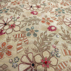 Embroidered Dyeable shimmer Tissue Fabric with White Cutdana & Multi-color Threadwork with Red & Green Kundan work