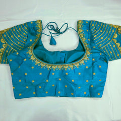 Embroidered Blue Raw Silk Blouse with Round Neckline