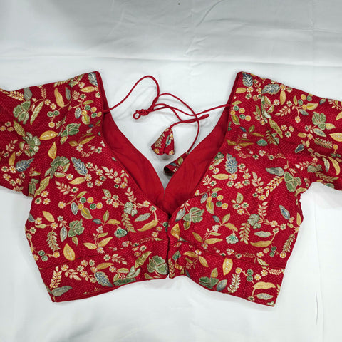 Embroidered Red Silk Brocade Blouse with Curvy V Neckline