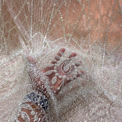 Salmon Pink Embroidered Net Fabric with Heavy Sequins, Beads & Pearl Work
