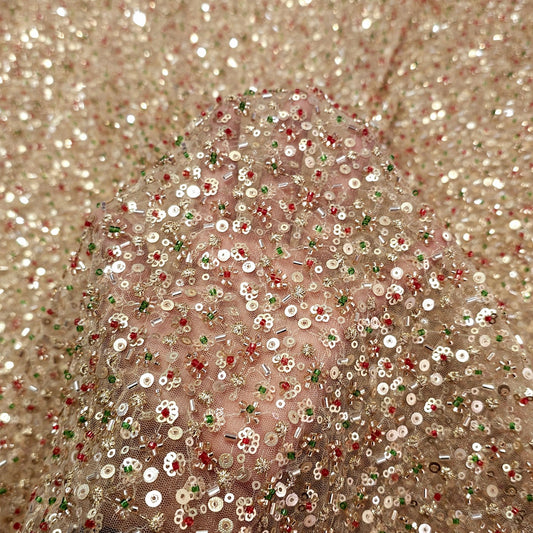 Embroidered Golden Net Fabric with Red, Green Golden all over Cutdana & Sequin work 1496