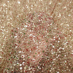 Embroidered Golden Net Fabric with Red, Green Golden all over Cutdana & Sequin work