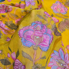 Multi-color Floral Digital Print on Mustard Organza Fabric with Handwork