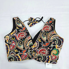Embroidered Black Blouse with Attached Sleeves and V Neckline