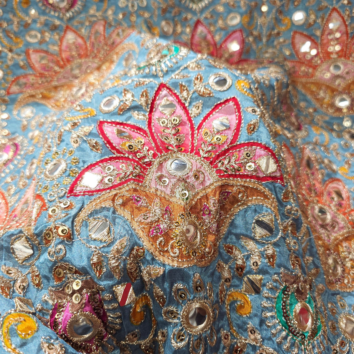 Ocean Blue Color Crepe Fabric with Multicolor Embroidery & Mirror Highlights