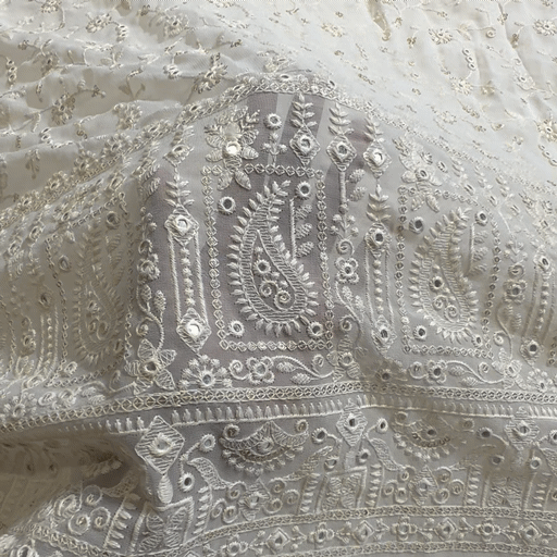 Embroidered White Dyeable Georgette Fabric with Floral work, Sequin Highlights & Paisley Border
