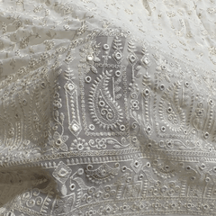 Embroidered White Dyeable Georgette Fabric with Floral work, Sequin Highlights & Paisley Border