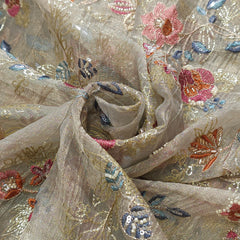 Embroidered Grey Color Crush Organza Fabric with Multi-color Intricate Floral patterns
