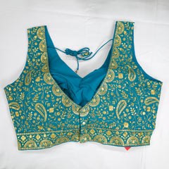 Embroidered Blue Silk Blouse with Attached Sleeves and Curvy V Neckline