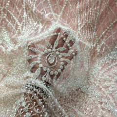 Blush Pink Embroidered Net Fabric with Heavy Sequins, Beads & Pearl Work