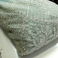Pastel Aqua Embroidered Net Fabric with Heavy Sequins, Beads & Pearl Work