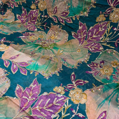 Peacock Green Organza Mahima Mahajan inspired with cutdana & sequin work with Floral Position Print