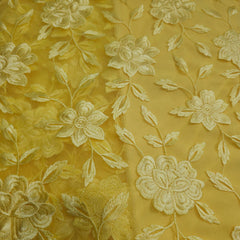 Embroidered Lemon Yellow Net Fabric with all over Floral Pattern