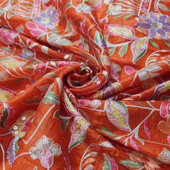 Multi-color Floral Resham work on Orange Soft Organza with Sequin Highlights
