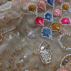 Multicolor Floral Embroidered Beige Net Fabric with White Beads, Cutdana & Sequins