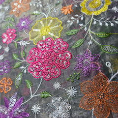 Multi-color Floral Resham work on Grey Soft Organza with Sequin Highlights