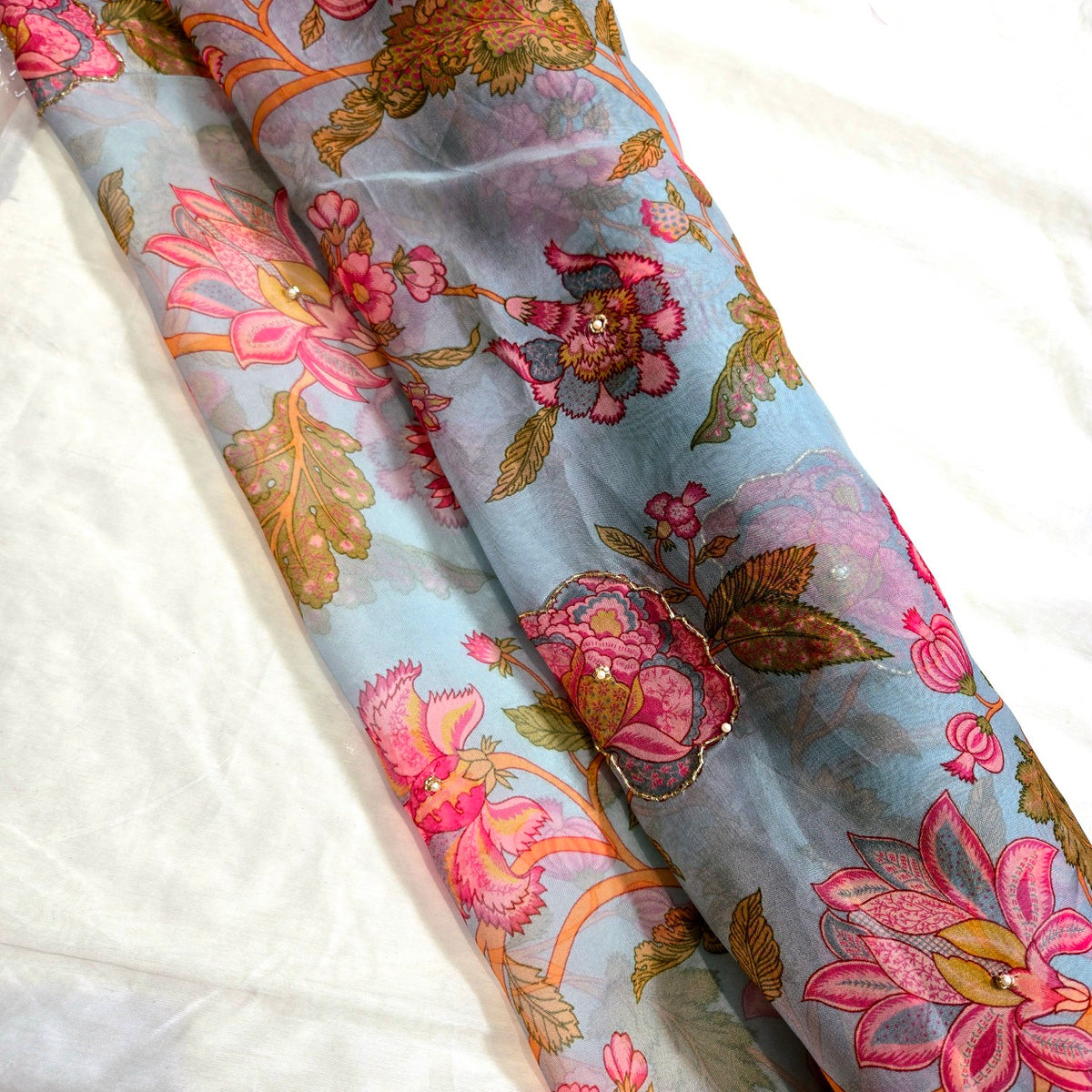 Multi-color Floral Digital Print on Powder Blue Organza Fabric with Handwork