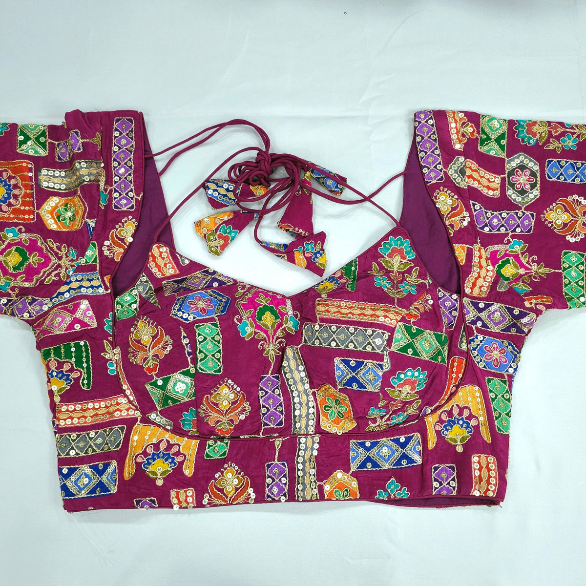 Embroidered Wine Blouse - Sweetheart Neckline with tie -up dori