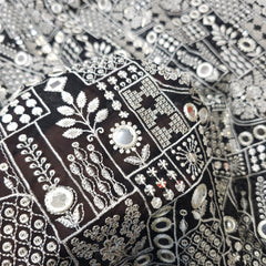 Black Georgette Fabric with Intricate White Resam Embroidery and Mirrorwork