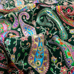 Dark Green Crepe Base Fabric with Multicolor Embroidery & Zari, Sequin work
