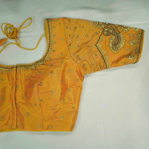 Embroidered Yellow Raw Silk Blouse with Round Neckline