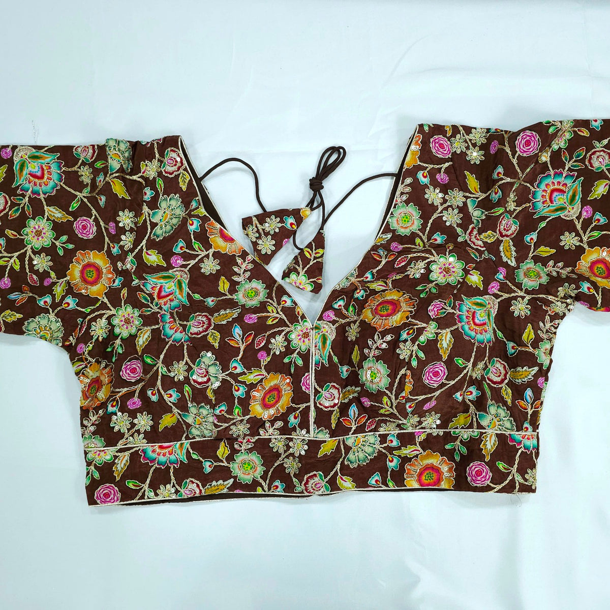 Embroidered Brown Blouse with Half Sleeves and V Neckline