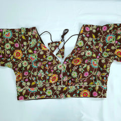 Embroidered Brown Blouse with Half Sleeves and V Neckline