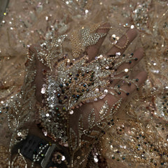 Champagne Gold with Hue of Salmon Color Embroidered Net Fabric with Cutdana & Sequin Work