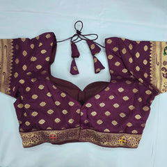 Embroidered Wine Silk Brocade Blouse with Sweetheart Neckline