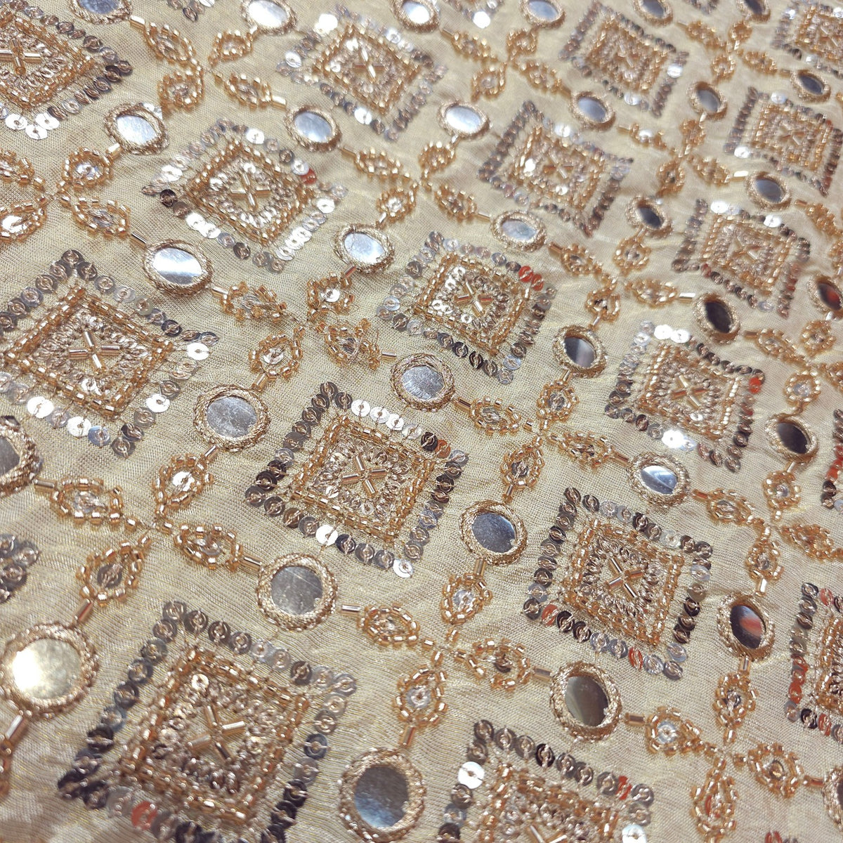 Dyeable Shimmer Tissue Fabric with Geometric Mirror, Sequin & Cutdana Work